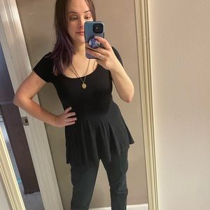 Daydreamer size S black short sleeve peplum tunic top lace up open back